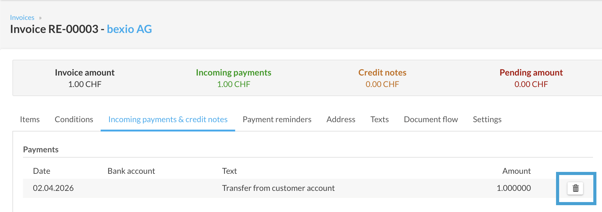 Customer account: overview of a contact’s finances