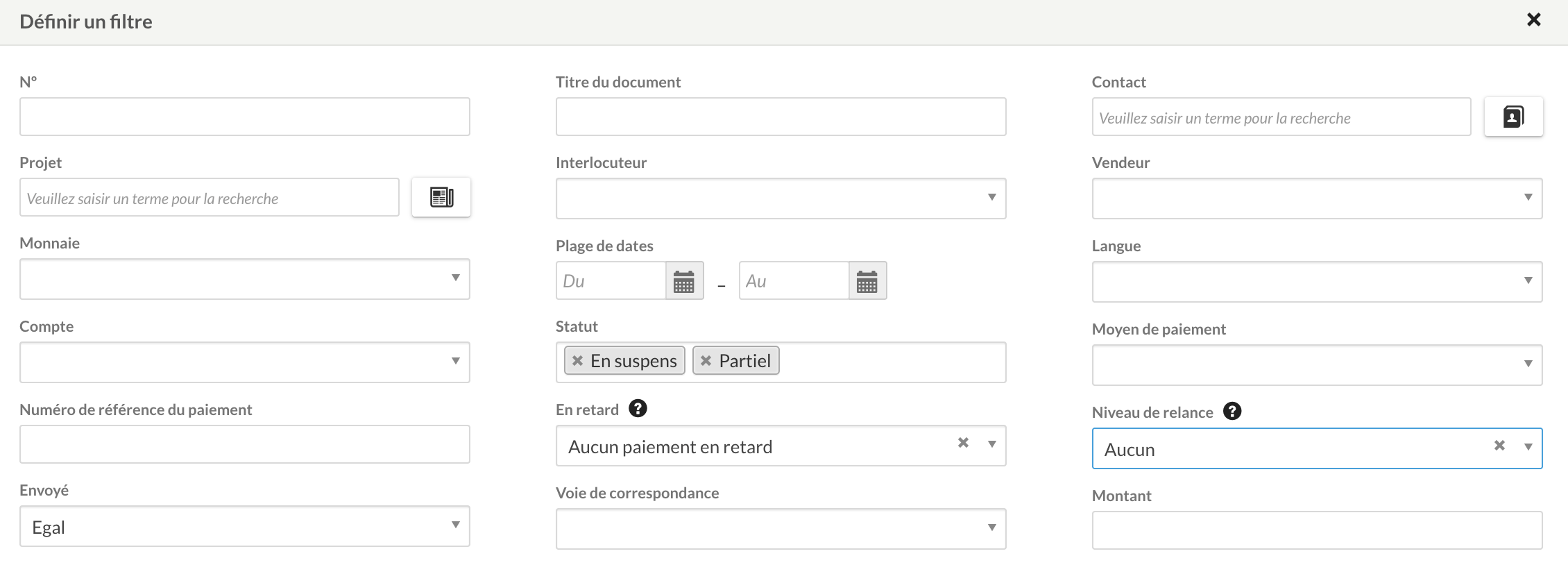 Filtre pour factures ouvertes